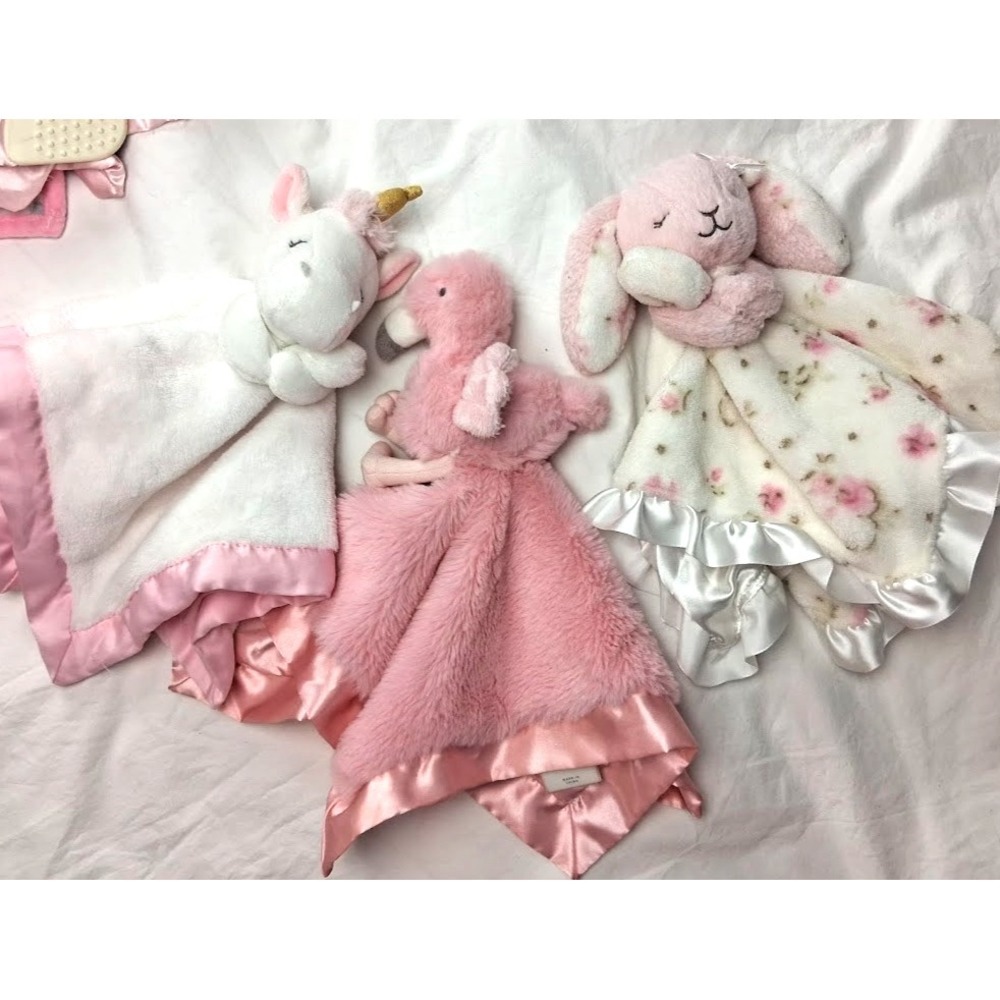 9pc Baby Girl Security Blanket Lovey Lot Pink Bunny Doll Flamingo Unicorn Satin - Picture 2 of 5